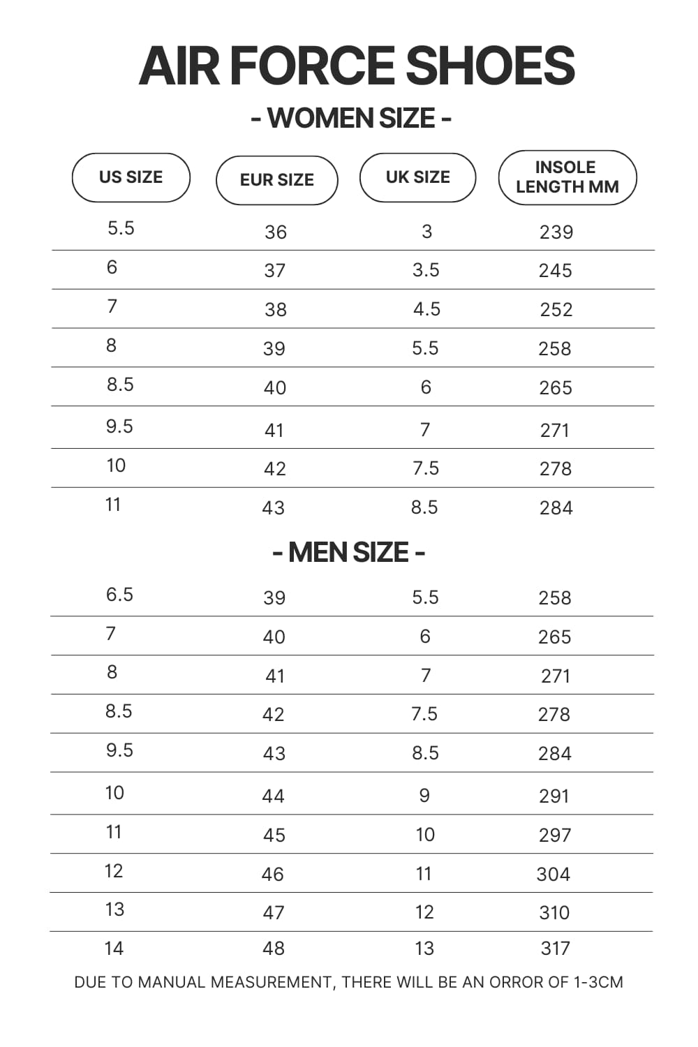 Air Force Shoes Size Chart - Blue Lock Merchandise