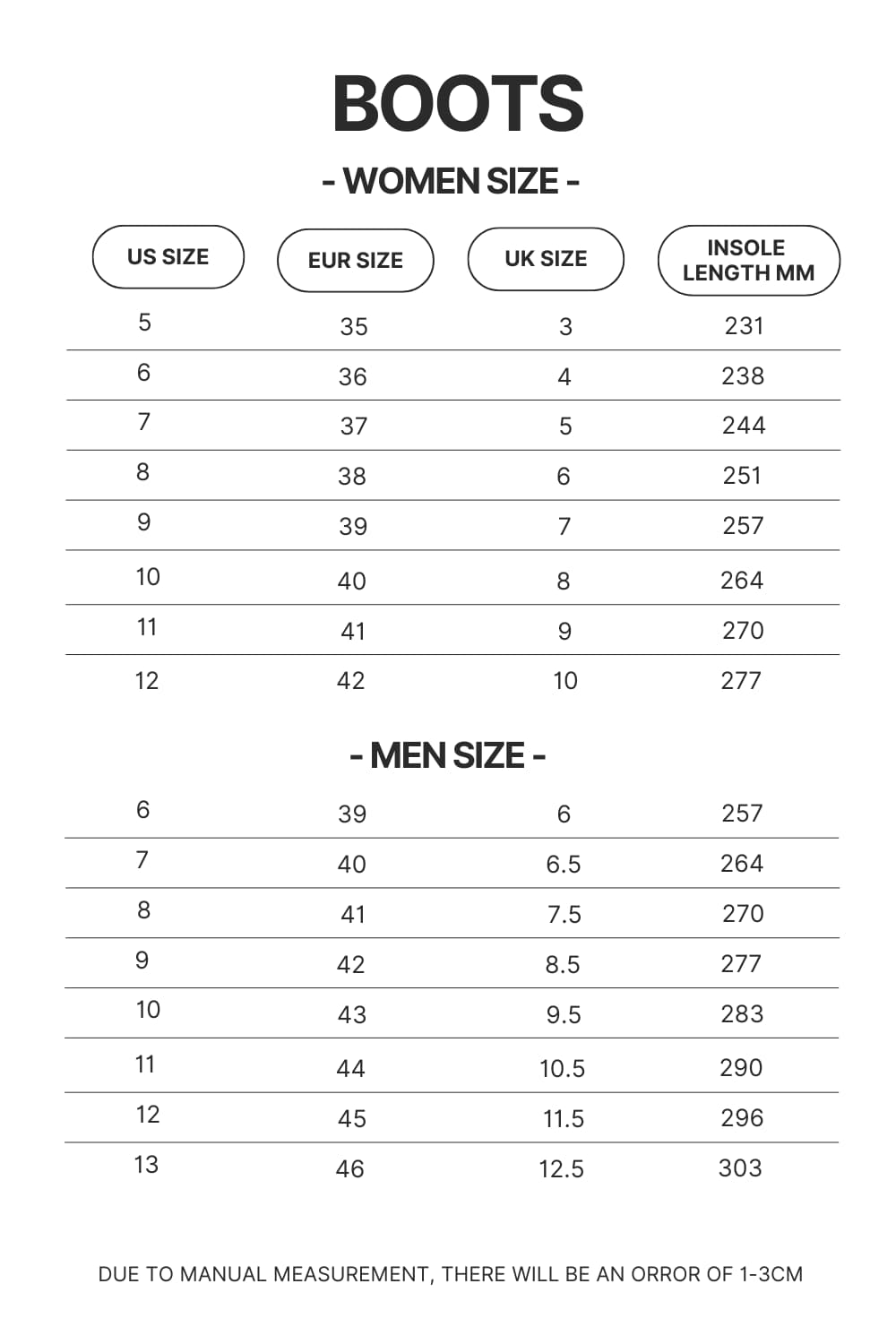 Boots Size Chart - Blue Lock Merchandise