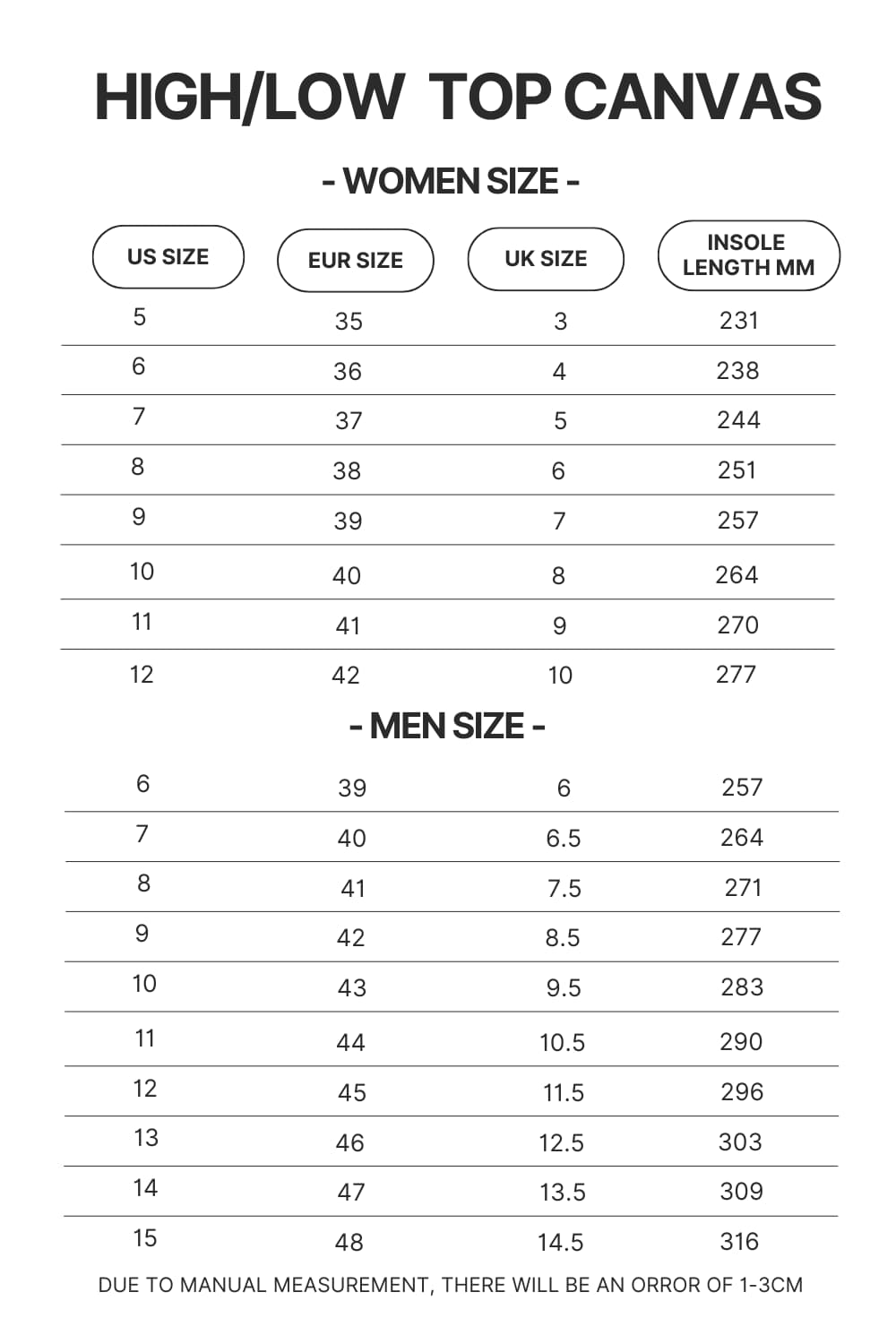 High Top Low Top Canvas Shoes Size Chart - Blue Lock Merchandise