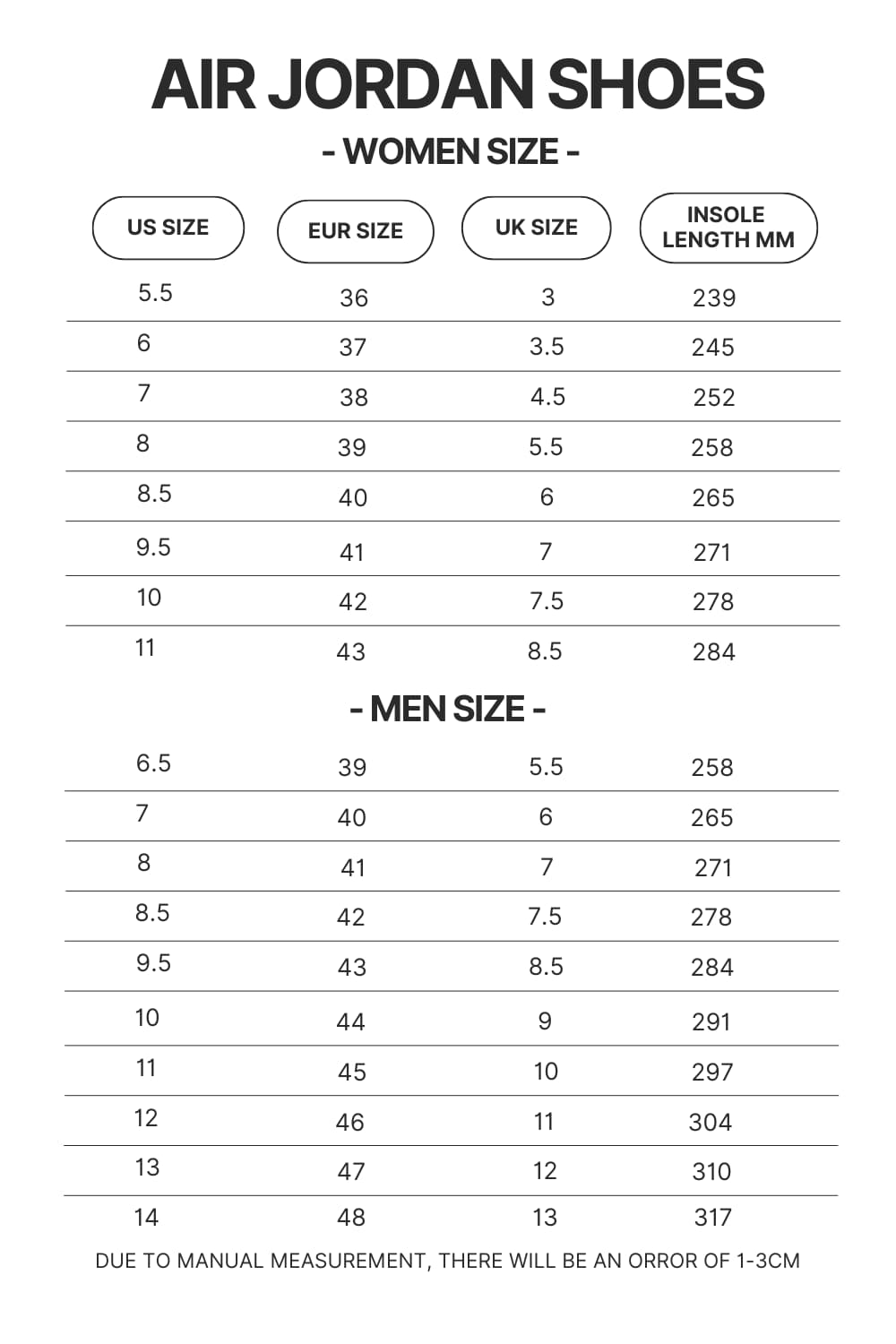 Air Jordan Shoes Size Chart - Blue Lock Merchandise