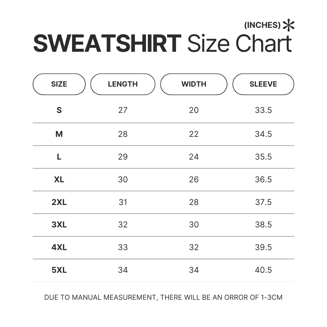 Sweatshirt Size Chart - Blue Lock Merchandise