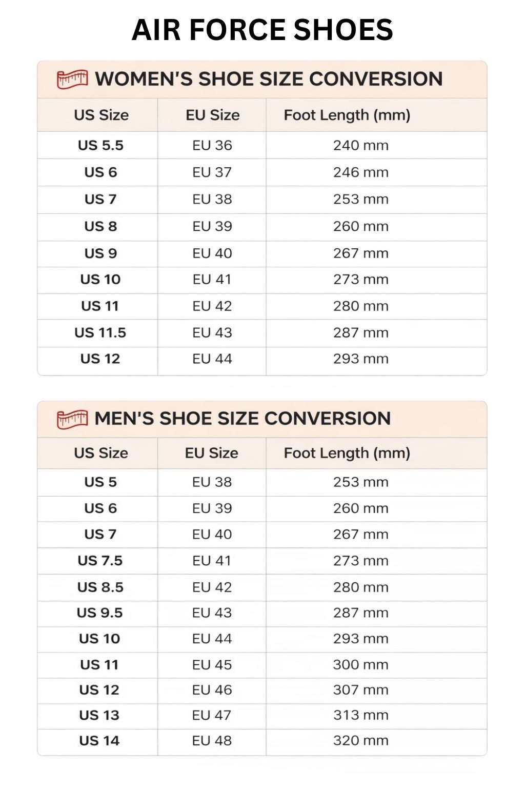 Air Force Shoes Size Chart - Blue Lock Merchandise