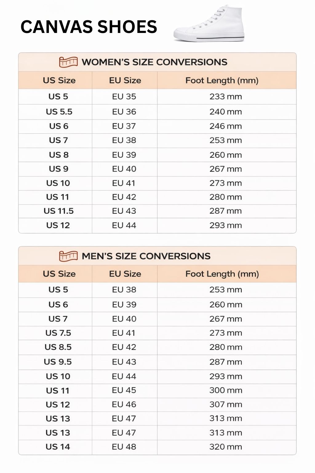 High Top Canvas Shoes Size Chart - Blue Lock Merchandise